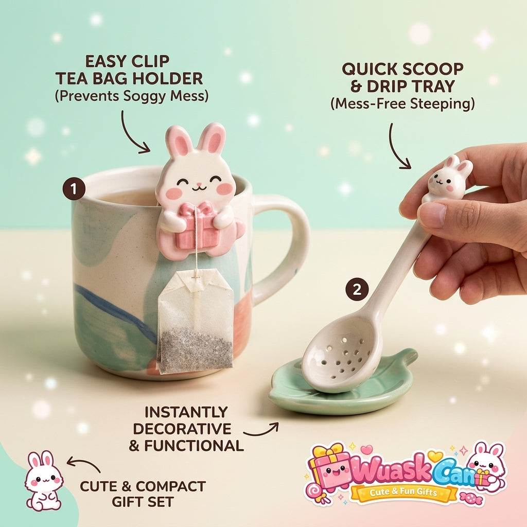 WuaskCanโข Cute Rabbit Tea Accessory Gift Set - 3-Piece Ceramic Bunny Tea Bag Holder Clip, Mess-Free Tea Strainer Scoop Spoon & Green Leaf Drip Tray, Kawaii Kitchen Decor, Perfect Gifts for Tea Lovers & Women
