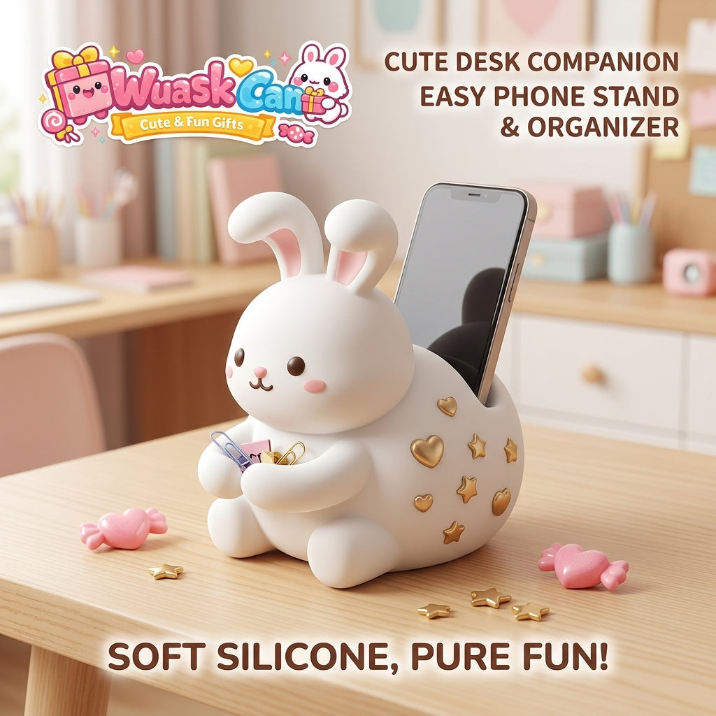 WuaskCan™ Cute Bunny Phone Stand & Desk Organizer - Soft Silicone Rabbit Cell Phone Holder, Kawaii Desk Accessories, Cute Desk Companion for Office Home School, Mini Organizer & Paperclip Holder, Perfect Gift for Girls, Kids & Co-workers