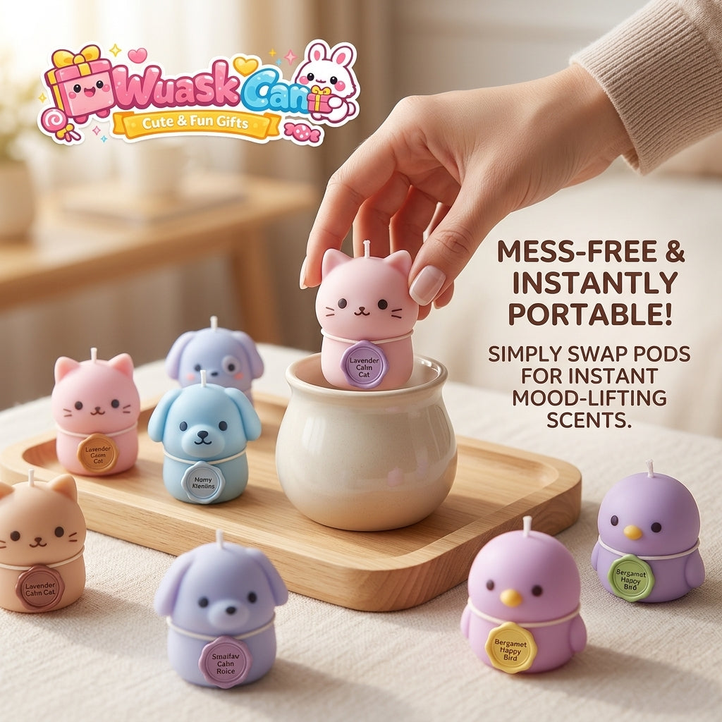 WuaskCan™ Interchangeable Animal Scented Candle Set – Cute Kawaii Pod System for Mess-Free, Portable Aromatherapy | Perfect Stress-Relief Gift for Home, Office, & Desk Decor