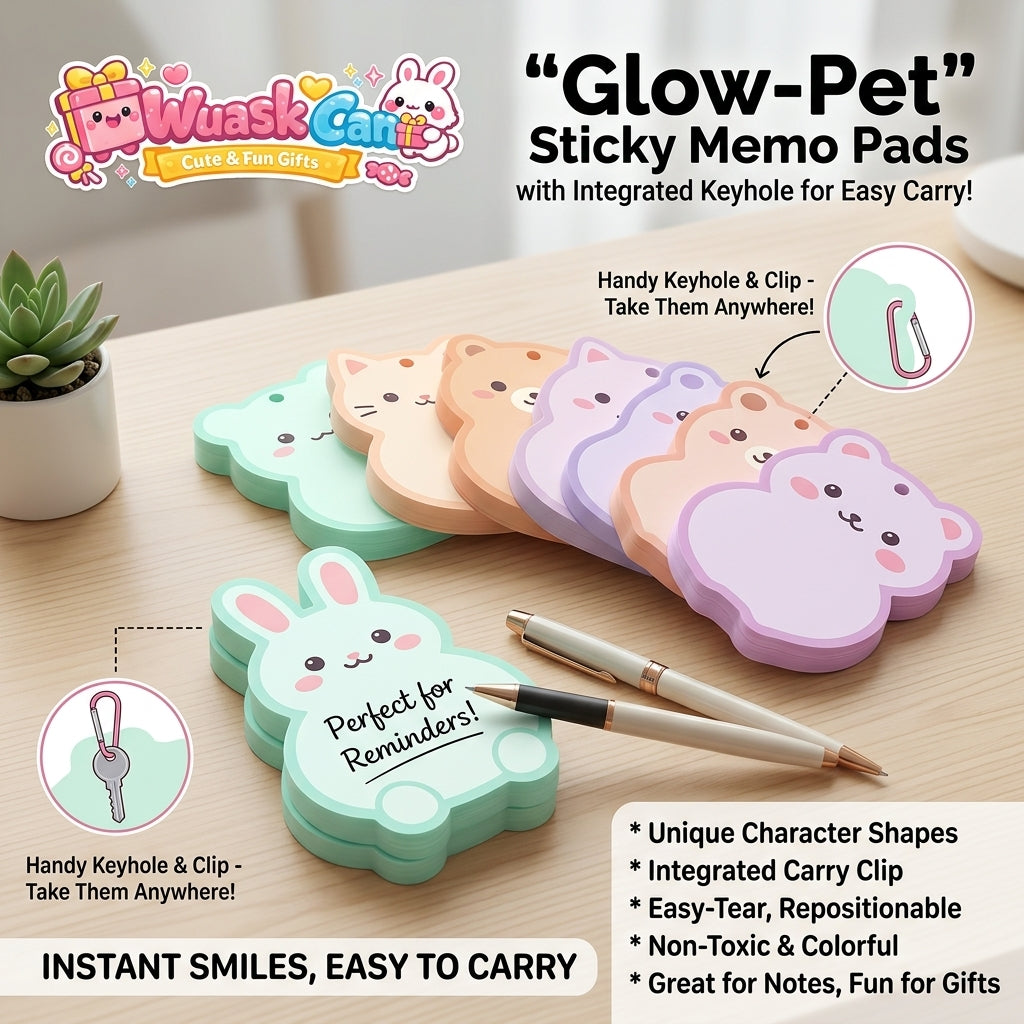 WuaskCan™ "Glow-Pet" Cute Sticky Memo Pads with Portable Keyhole and Clip - Shaped Pastel Animal Self-Stick Notes for School, Office, Planners & Journaling, Unique Bunny, Cat, Bear Shapes, Easy-Tear & Repositionable