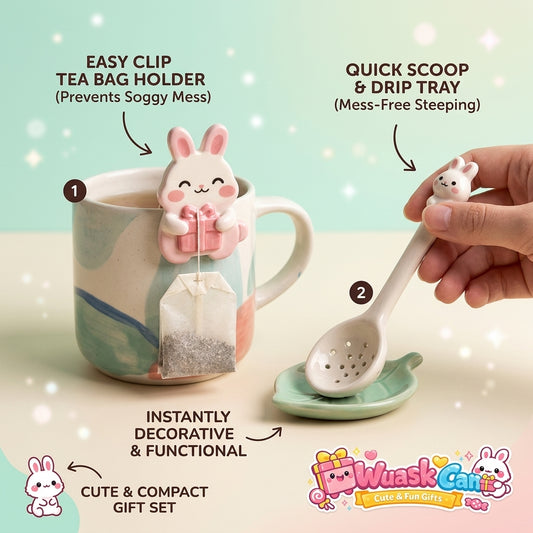 WuaskCan™ Cute Rabbit Tea Accessory Gift Set - 3-Piece Ceramic Bunny Tea Bag Holder Clip, Mess-Free Tea Strainer Scoop Spoon & Green Leaf Drip Tray, Kawaii Kitchen Decor, Perfect Gifts for Tea Lovers & Women