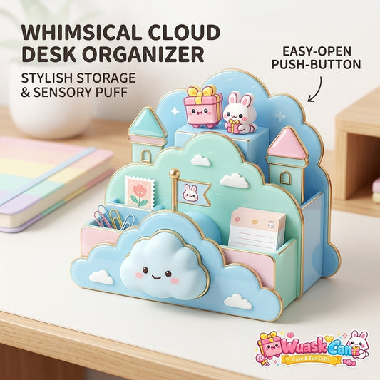 WuaskCan™ Whimsical Cloud Desk Organizer - Cute Kawaii Desk Accessories & Aesthetic Office Storage with Easy-Open Push-Button & Sensory Squishy Cloud, Pencil Stationary Holder, School Desk Decor Gift for Girls Kids Teens