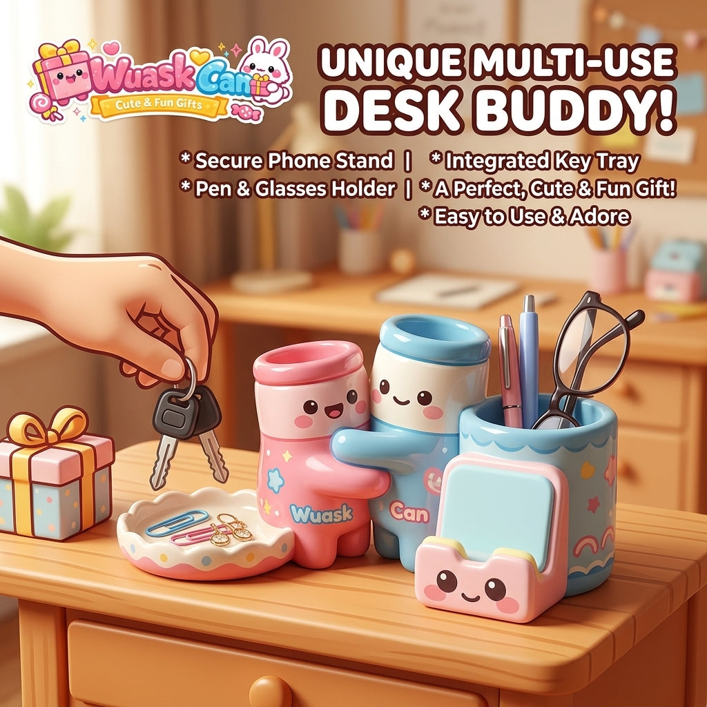 WuaskCan™ Cute Desk Organizer & Phone Stand - Kawaii Multi-Use Desk Buddy, Funny Pen and Glasses Holder, Integrated Key & Jewelry Tray - Unique Office Decor & Aesthetic Gift for Teens, Kids & Coworkers