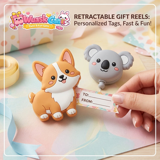 WuaskCan™ Retractable Gift Reels - Cute 3D Animal Corgi & Koala Personalized Gift Tags with Pull-Out To/From Labels | Fast & Fun Holiday Birthday Present Wrapping Supplies & Accessories